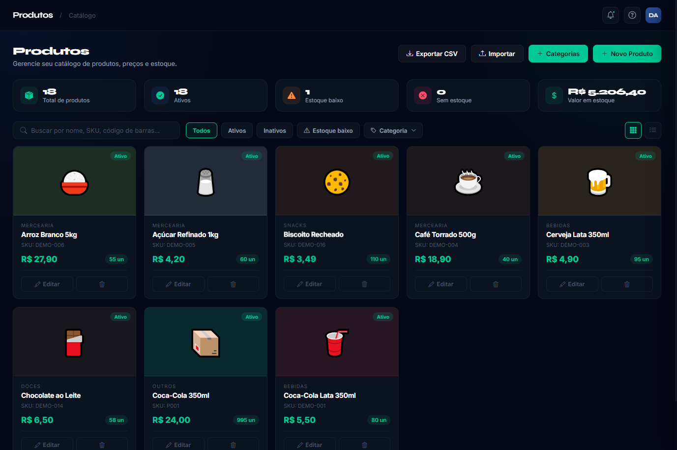 Cadastro de produtos do NexoERP